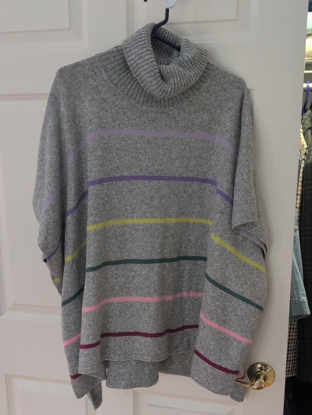 LOFT Gray Cowlneck Sweater Poncho with Pastel Stripes-Never Worn